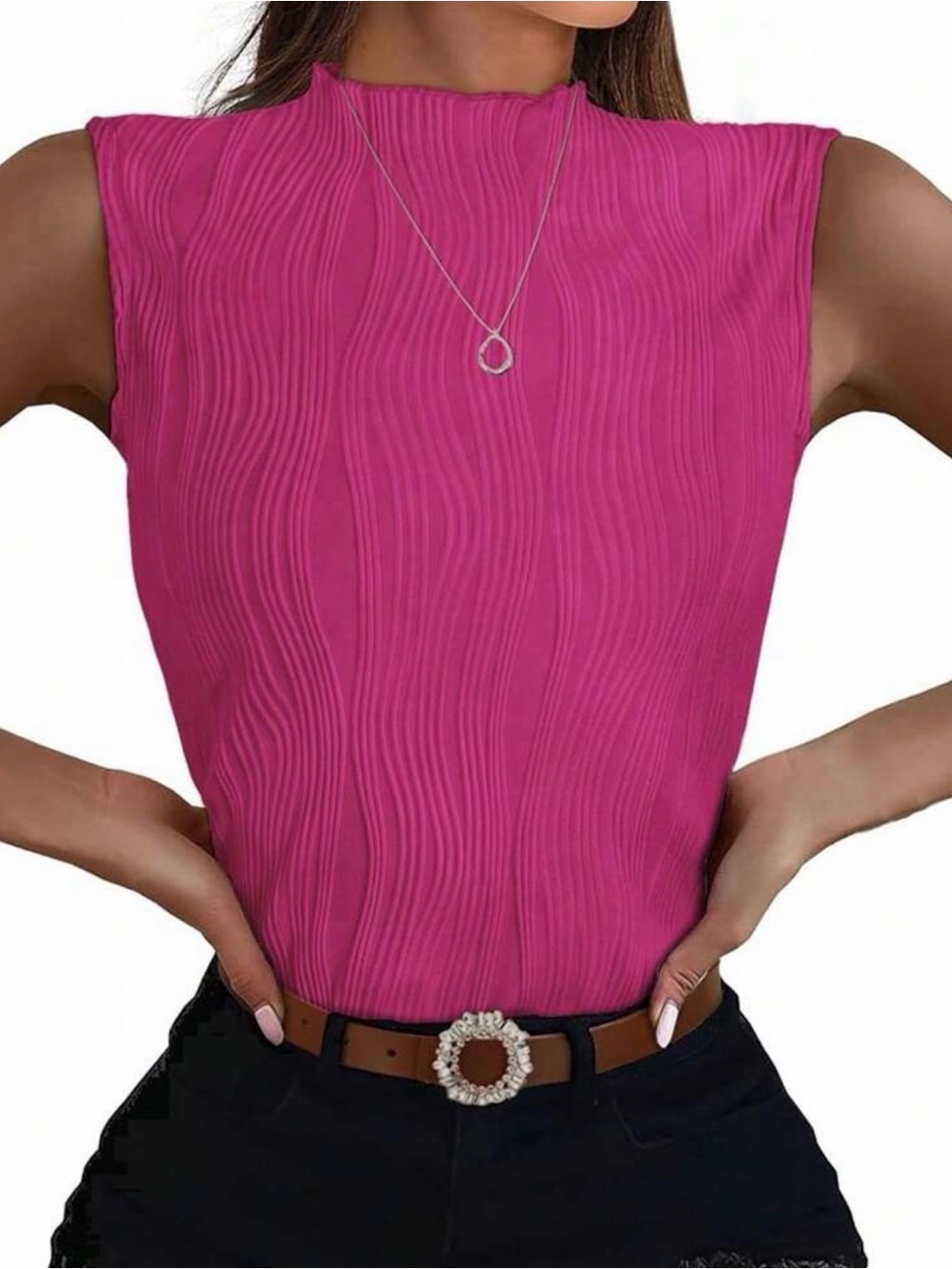 Sleeveless Pink Textured Mock Neck Top